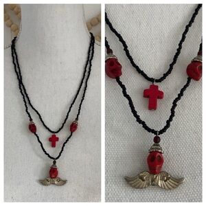 Urban Outfitters black beaded skull necklace red stone silver tone charm jewelry